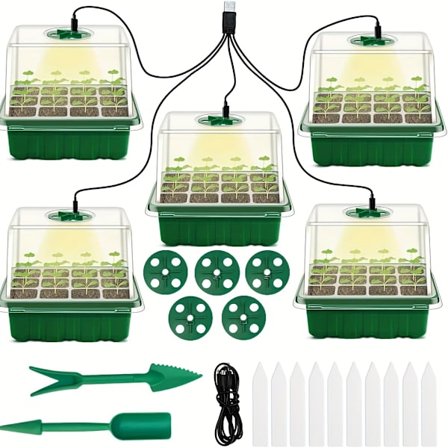 2/5 Pakke Frøstartbakke med Vækstlys & Fugtighedskuppel - USB-drevet Indendørs Drivhus Mini Formeringsstation, Holdbar Plastkonstruktion