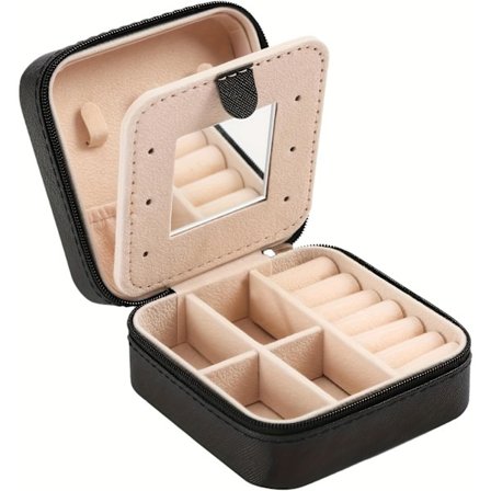 Pieni matkakorurasia naisille peilillä, pieni korurasia nahkaa sormuksille, korvakoruille, kaulakoruille (musta)