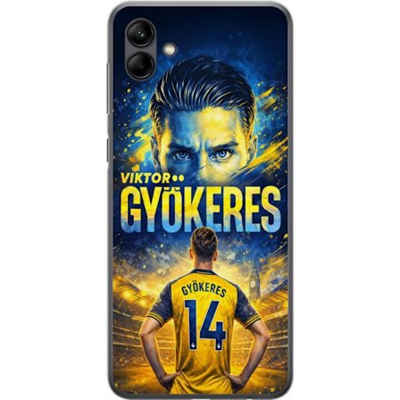 Kompatibelt Mobildeksel til Samsung Samsung Galaxy A05 Viktor Gyökeres fotballplakat i gult og blått med dramatisk stadionbakgrunn, sportillustrasjo