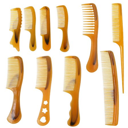10 kappaleen sarja kahvallisia hiuskampoja (keltainen), leveähampaiset kammat,