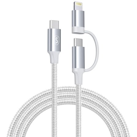 SiGN 2in1 USB-C - USB-C 60W PD 3A / Lightning 27W -kaapeli, 1m - Valkoinen