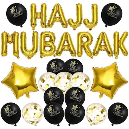 HAJJ MUBARAK Bogstav Latex Balloner Dekorativ Festlig Baggrund Layout Ballonsæt til Eid Al-Fitr (Sort og Guld) 25*25*30cm
