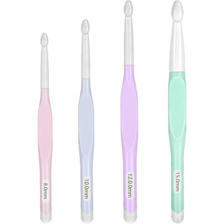 Sett med 4 store heklenåler, høy kvalitet, størrelser 8 mm, 10 mm, 12 mm, 15 mm, plast, ergonomisk med langt håndtak, for nybegynnere, skjerf