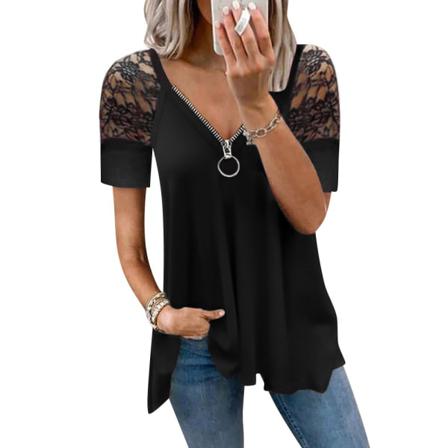 Vintage V-halsad Dragkedja Casual T-shirt Dam Tunika Toppar Spets Sho