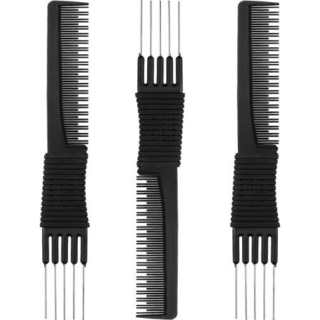 3-pack kolfiberkammar med metallpinnar, salongskammar med kolfiberkam med rostfritt stål (svart)