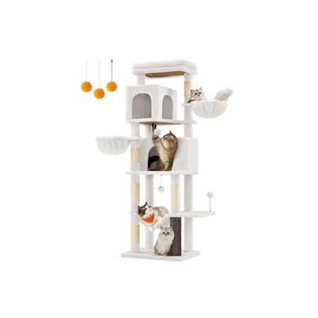 Rootzin naarmuuntuminen - Cat Tower - Cat -kiipeily Post - 2 luolia ja suuttimia - 175 cm pitkä, valkoinen, puinen lastu, sisal - 57x45x175cm