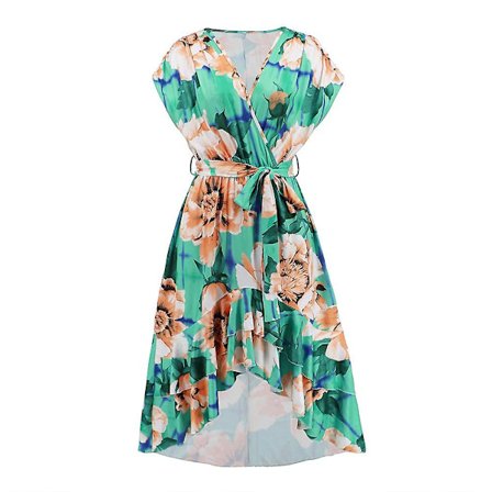 Dame V-hals Flaggermuserme Trykk Fishtail Høy Midje Bandasje Blomsterkjole