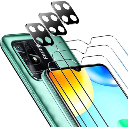 3-pak Skærmbeskytter i Hærdet Glas til Xiaomi Redmi 10c / Xiaomi Poco C40, Med 3 Bagkamera Beskyttere, 9H Hærdet Glas, Anti
