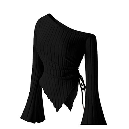 Langærmet damebluse med bare skuldre og asymmetrisk top