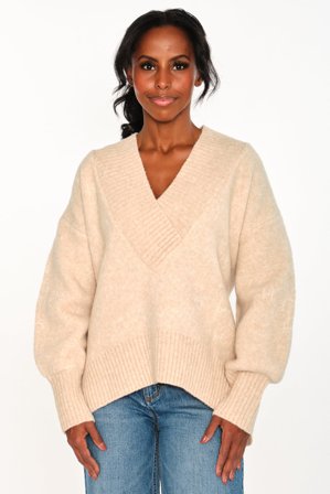 Hést FAM V-Neck Sweater Dame - Light Beige Melange