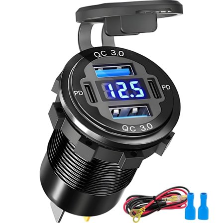 2025 Senaste Modell 12 Volt USB-laddare, 12V USB 4-Port Aluminiumlegering USB C-uttag med LED Voltmeter, Dubbel PD3.0 & QC3.0 för 12/24V Bil Gol