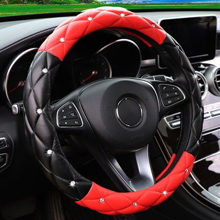 Rattstyrningsöverdrag med diamantmönster, glitter, lädergrepp, gränsöverskridande handel Amazon (röd & svart)