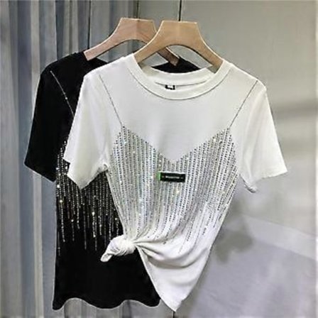 Chic Sommar Diamant Kortärmad T-shirt För Kvinnor Casual Enfärgad O-ringad T-shirt Dam Streetwear Topp(XXXL vit)