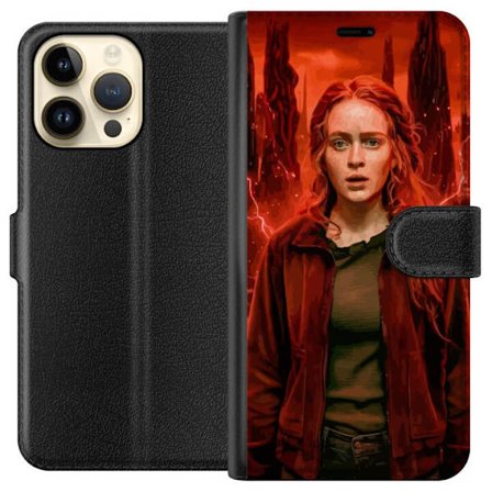 Kompatibelt Plånboksfodral till Apple Apple iPhone 15 Pro Max Porträtt av en ung kvinna med rött hår i en apokalyptisk landskap, röda blixtar och