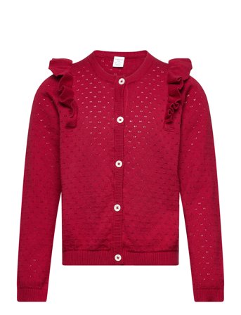 Cardigan Patternknit And Frill Strikkegenser Cardigan Rød Lindex*Betinget Tilbud