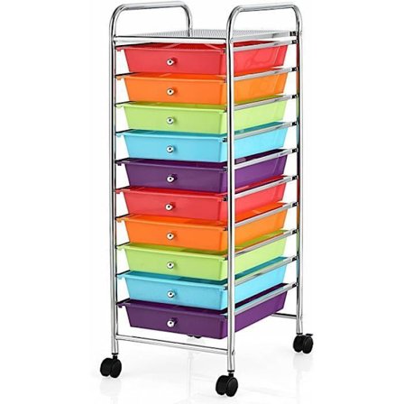 COSTWAY förvaringstorn på hjul - 10 lådor 32,5 x 37 x 86 CM, A4-storlek och regnbågsfärgad bokstav