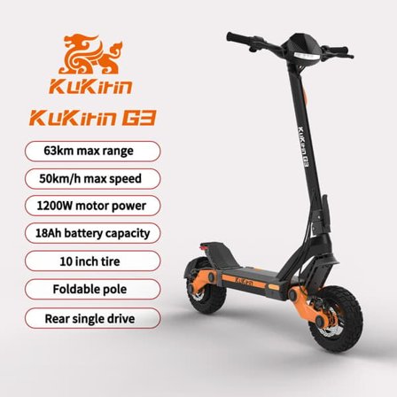 Elscooter KuKirin G3 10-tums elskoter med terrängdäck, 1200W motor, 52V18Ah batteri, maxhastighet 50km/h