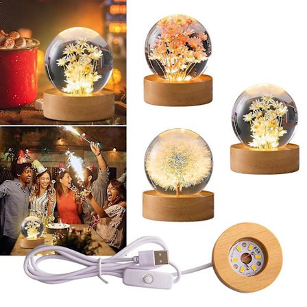 Luminous Crystal Ball Rotating Night Light Wooden Base Eternal Flower Lamp - SNNGV