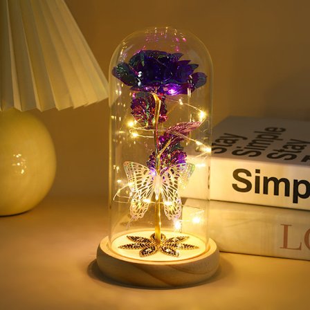 Simuleret guldfolie rose med syv-stjernet diamantglas lampeskærm - Evig rose dekorativt stykke - Lilla