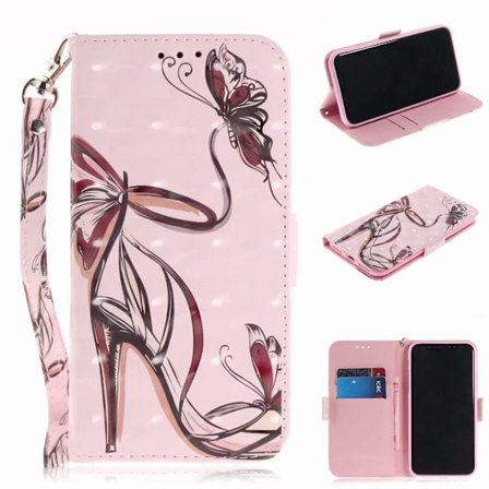 Deksel til iPhone 14 Sommerfugl høye hæler malt skinn trykk tegneserie kortspor lommebok