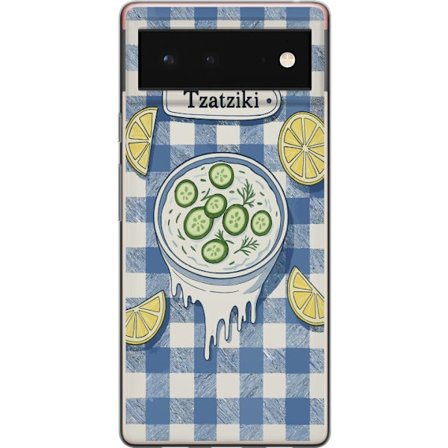 Kompatibelt Mobilskal till Google Pixel 6 Grekisk tzatzikiskål illustration, gurka citron dill blått rutigt mönster, köksplansch design