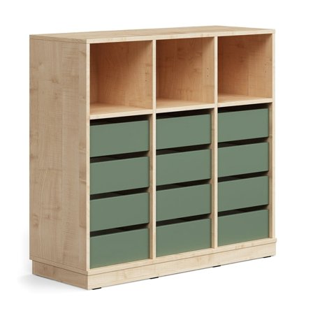 Student storage CASPER, 12 drawers, 3 upper compartments, base frame, birch/dark green