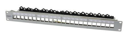 SYNERGY Keystone,Modulträger, 19Patchpanel für 24xTP-Modul, 1HE(t 94mm), Lichtgrau, V4 mit Kabelklemme, Synergy 21,