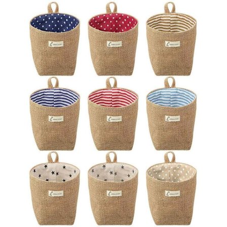 9 stk. Mini væghængt opbevaring bomuld foldbar opbevaringskurv kasse dekorativ hængende taske