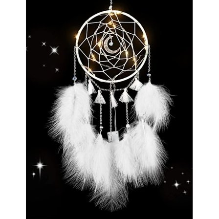 Hvide drømmefangere, LED drømmefanger til drenge og piger, børneværelse soveværelse vægdekorationer fjer ornamenter håndværk (hvid)