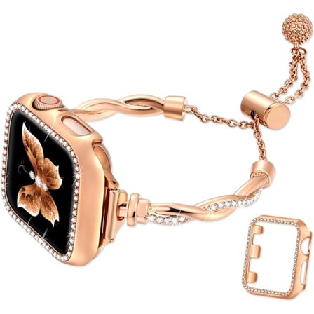 Armband och skal kompatibelt med Apple Watch armband 38mm 40mm 41mm dam, smalt elegant metallarmband strass stötfångare för Iwatch &S