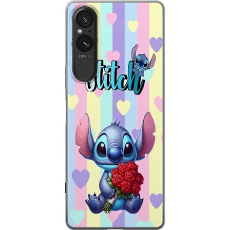 Yhteensopiva Puhelinkuori Sony Xperia 5 V Romanttinen kuvaus Stitchistä, joka pitää punaisia ruusuja raidallista taustaa vasten