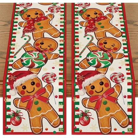 Pepparkaks-Candy Cane 2-pack Julbordsskydd, Säsongsbetonad Vinterköksbordsskydd för Hemfest Dekoration 13x72 Tum
