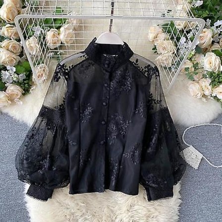Efterår ny fransk vintage tungt mesh blonder tredimensionel broderi bluse damer puffærme fe skjorte top sort