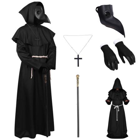 Plague Doctor Mask Costumes Set 5 i 1 Halloween Beak Mask Vuxna Halloween Kostym för Kvinnor Män Dress-Up Cosplay Fest XL
