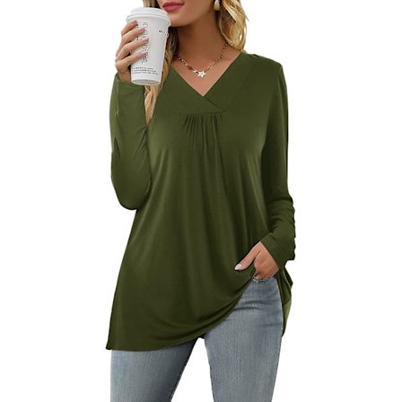 Dame Casual Topper V-hals T-skjorte Kort/lang Erme Plisserte Longine Skjorter