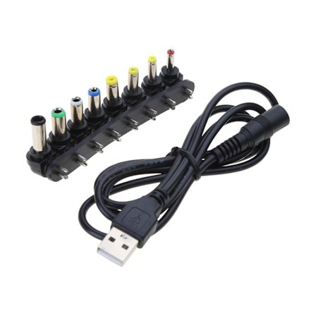 USB 5V - DC9V 12V virtajohto reitittimille, kaiuttimille, USB - DC5.5x2.5mm, 8 sovitinta