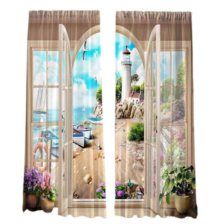 Strand Digitaltryk Mørklægningsgardiner Draperinger Polyesterstof Termisk Isolerede Gardiner Dekorative med Øjer til Stue, Soveværelse