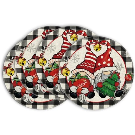 Rødternet Nisse Julekugle Glædelig Jul Runde Dækkeservietter - 4 stk., 35 cm Vinter Runde Bordmåtter til Spisebordsdekoration