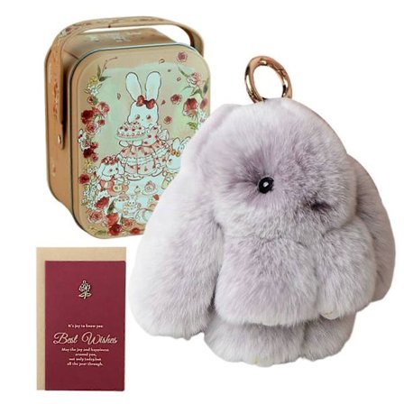 Handmade Bunnylulu Keychain with Tin Box and Gift Card - Soft Rabbit Pompom Cute Keyring Charms for Women Girls Christmas Gifts