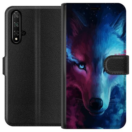 Kompatibelt Plånboksfodral till Honor Honor 20 Närbild av varg i blått och lila färgspel med asymmetriska ögon, konstnärlig illustration med kos