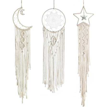 3-delad drömfångare väggbonad i macramé, boho väggdekoration sol måne