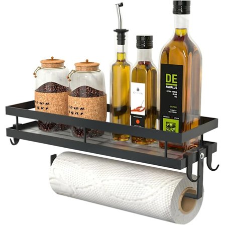 Vegghengt krydderhylle for kjøkken uten boring, krydderhylle med rullholder og 4 kroker, krydderstativ, 35 cm, svart