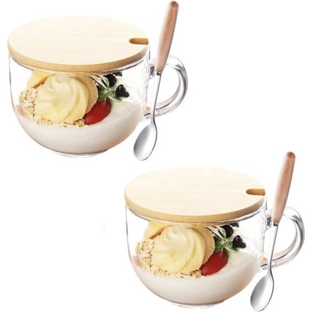 2 stk. Glasskopp 16OZ Klar Kaffe Krus med Lokk Skje til Frokost Te, Melk, Drikke, Havre, Yoghurt