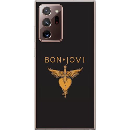 Kompatibelt Mobilskal till Samsung Samsung Galaxy Note20 Ultra Ikonisk musikillustration med bevingat hjärta och dolk i guldtoner på mörk bakgrund,