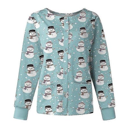 Jule T-shirt til kvinder med snefnug print, arbejds T-shirt med knapper, sygeplejerskeuniform