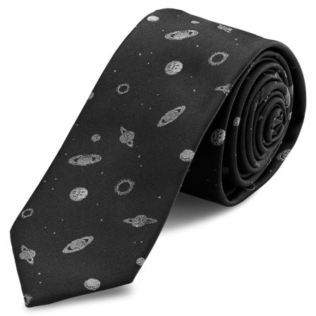 Black Skinny Tie with Planets for Men - Skinny ties