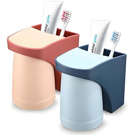 Sæt med 2 - Blå + Rød Tandbørsteholder Ingen Boring - Vægmonteret Tandbørsteholder - Med Magnetisk Kop - Ingen Boring Kopholder - Til Familie