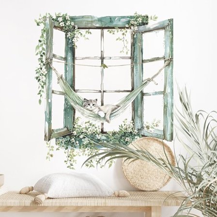 Grøn Plante Vindue Vægklistermærker - Legesyg Kat & Hængekøje Vægklistermærke - Original Aftagelig Vægdekoration til Soveværelse/Stue/Børneværelse - 