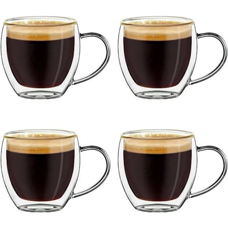 Dobbeltveggede espressoglass med håndtak, sett med 4 stk. 150 ml, mokkakopper, flytende effekt termoglass