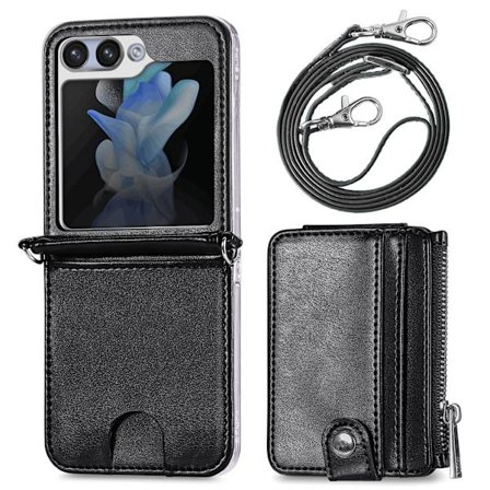 Samsung Galaxy Z Flip 5 - Plånboksfodral i Retrostil av PU-Läder med Korthållare och Halskedja